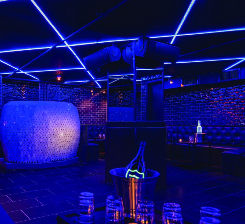 The egg DJ booth under the LED ceiling