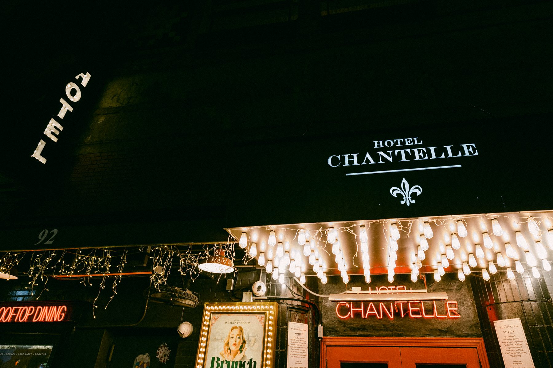 The Hotel Chantelle marquee on Ludlow Street at night