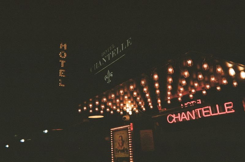 The entrance on film, neon glowing